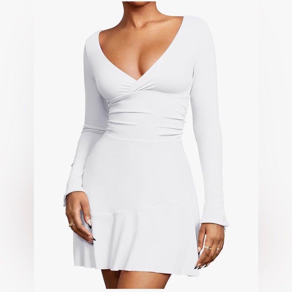 NEW White Long Sleeve Ruched Deep V A-Line Mini Dress XL
